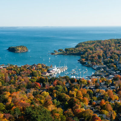 Aerial view of Camden Harbor in Camden, Maine