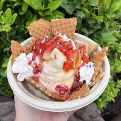 Dole whip served on waffle cone "chips" with whipped cream, drizzle of strawberry, and sprinkles