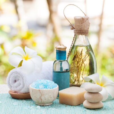 Essential oils, salts, and other spa items.