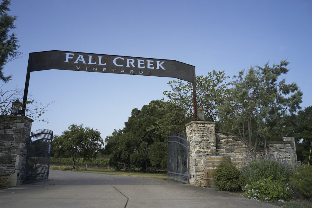 Fall Creek Vineyards entrance sign.