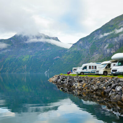 Motorhomes at campsite by the Geirangerfjord in Norway