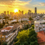 The skyline of Tel Aviv at sunset.