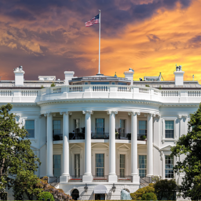 White House on deep red sunset background